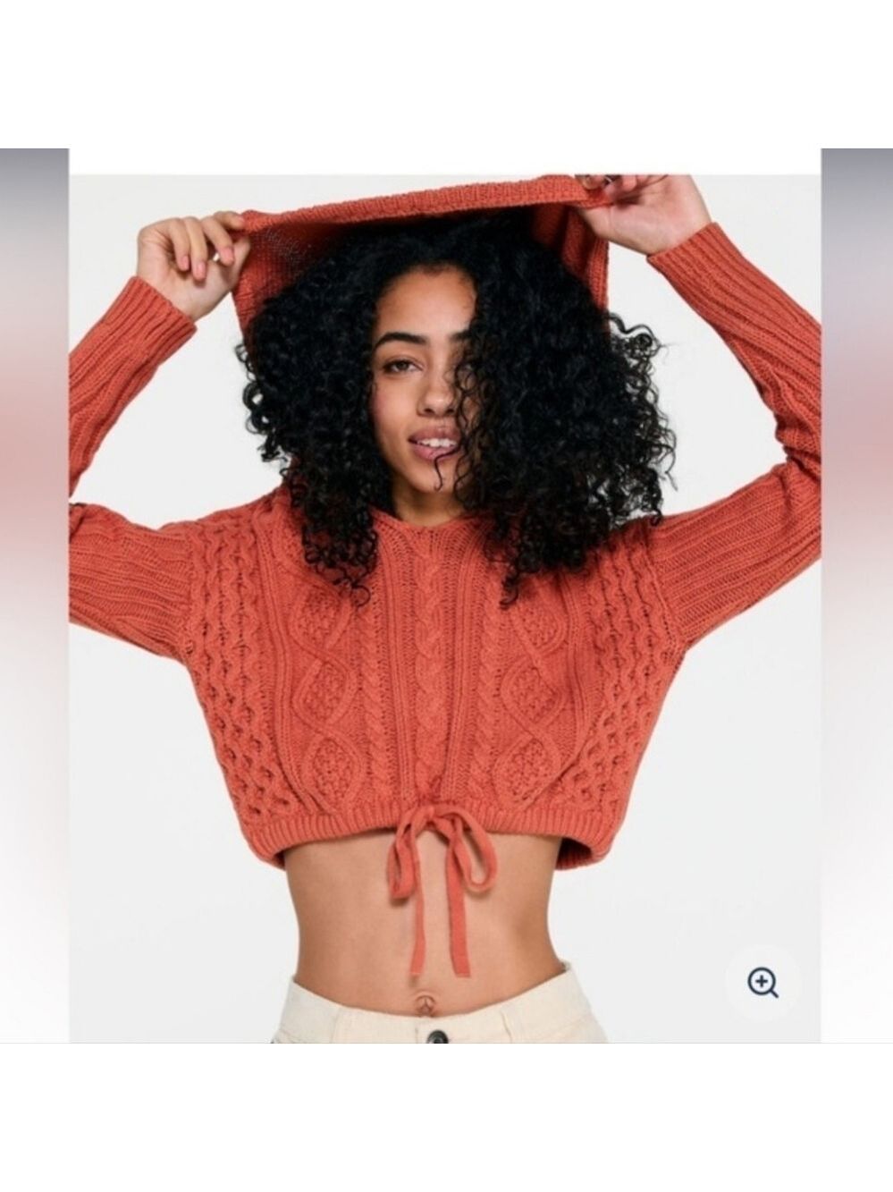 Aeropostale | Cropped Cable-Knit Hooded Sweater | Burnt Orange